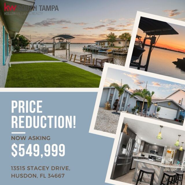 🚨HUGE PRICE IMPROVEMENT! 🚨LIVE ON THE WATER FOR UNDER $550K!!! 
13515 STACEY DR, HUDSON, FL 34667

NO HOA OR CDD, THIS COMMUNITY IS ALSO AIR BNB AND VRBO FRIENDLY! 

2 bedroom, 2 bathroom just under 1,600sqft of living space!Freshly painted interior, wood-like tile flooring, updated kitchen with quartz countertops and stainless steel appliances. Low-maintenance AstroTurf backyard plus deep-water canal access for boaters. Embrace waterfront living at its finest!