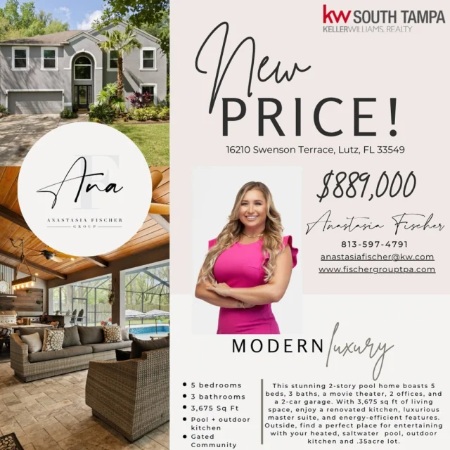 ‼️ PRICE DROP ‼️ 
16210 Swenson Terrace, Lutz, FL 33549

💲889,000
🛏️ 5 + bonus room 
🛁 3
📐 3,675 SQFT 
🔑 Gated Community 
🚗 2 car garage
🏊‍♀️ Heated + Saltwater pool 
🧑‍🍳 Outdoor Kitchen
🌳.35 acres

Welcome to your dream home! This remarkable 2-story pool home boasts 5 bedrooms, 3 full bathrooms, a bonus room (movie theater), 2 office spaces, and a 2-car garage. It offers spacious living within 3,675 square feet. Features include soaring 20-foot ceilings, a newly renovated kitchen with granite countertops and modern appliances, a luxurious upstairs master suite with his and her closets and a garden tub, brand new energy-efficient windows, custom lighting, and brand new carpet in all bedrooms. The outdoor retreat includes a personalized kitchen, screened pool enclosure, heated saltwater pool, and custom pavers. Located in a family-friendly neighborhood with convenient access to amenities and attractions. It's perfect central location, walking distance to Violet Cury Nature Preserve Trail (160 acre nature preserve), 25 minutes to Tampa International Airport, 20 minutes to Downtown Tampa, and 20 minutes to the Tampa Premium Outlets. Don't miss out on this perfect central location, schedule a showing today!